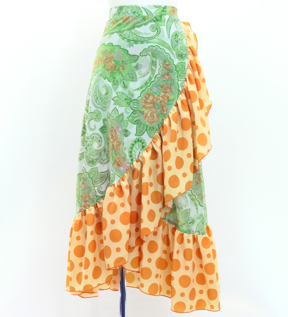 フラメンコ 巻きスカート ローズ×水玉 グリーン×オレンジ Fサイズ FMS