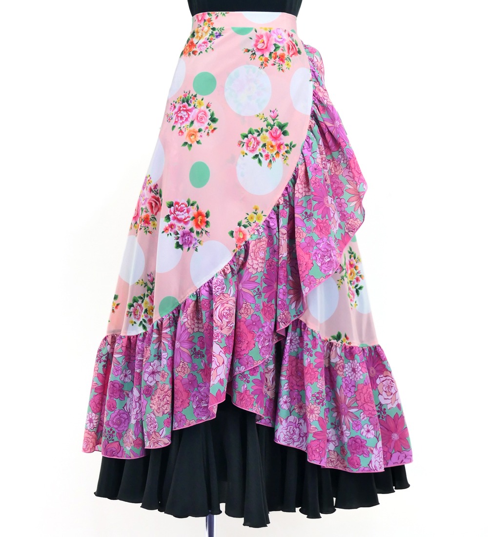 フラメンコ 巻きスカート ローズ×水玉 ピンク×ターコイズブルー F