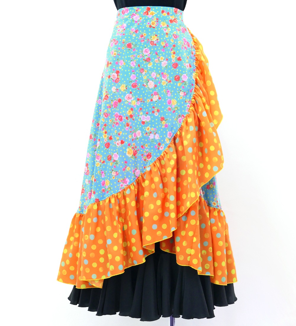フラメンコ 巻きスカート ローズ×水玉 ライトブルー×オレンジ FMS-15