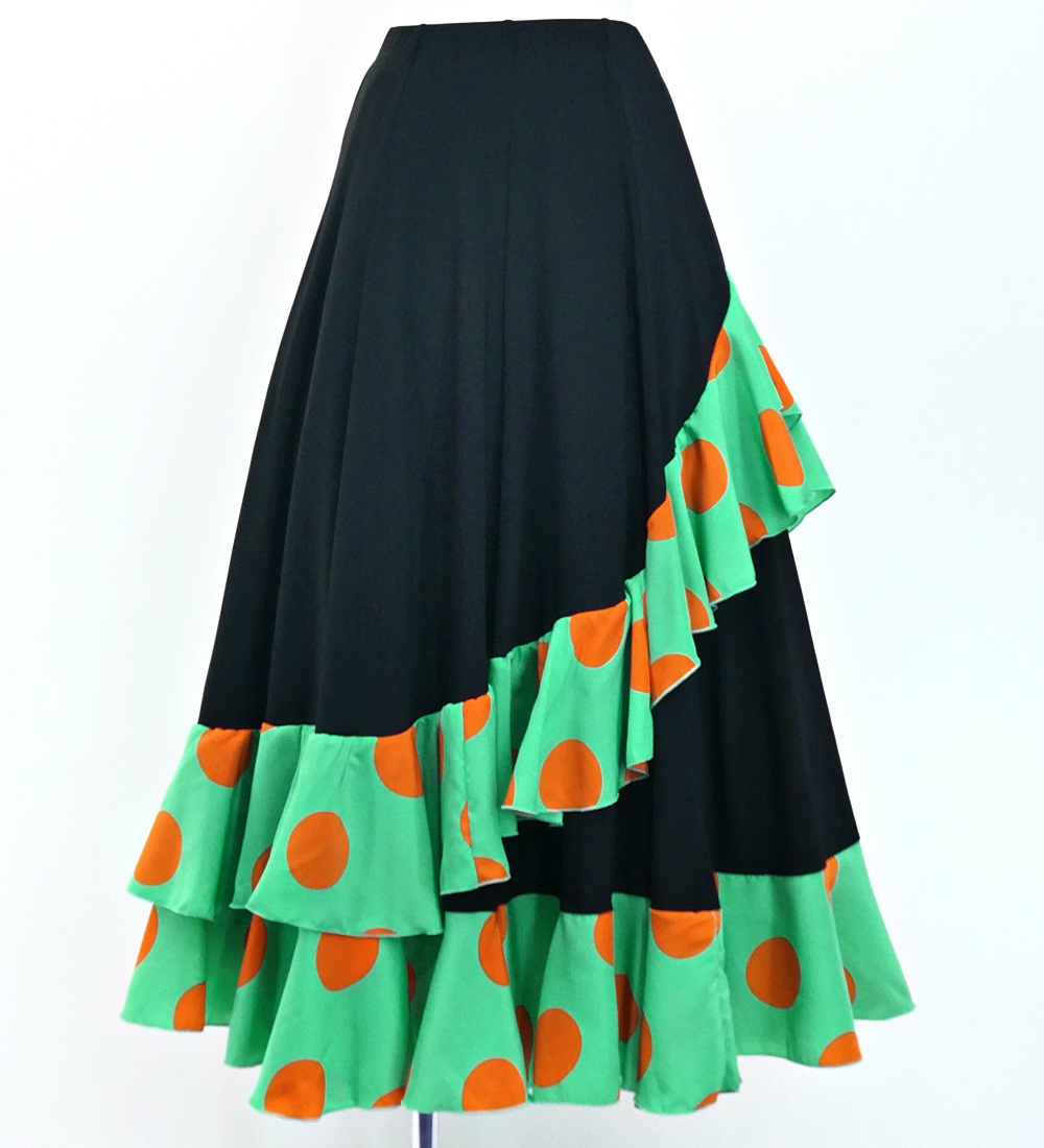 フラメンコ 水玉 斜めフリル ファルダスカート グリーン Mサイズ