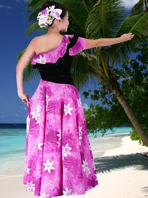 フラダンス ワンショルダー ベルベット斜め切り替え ドレス ピンク LL