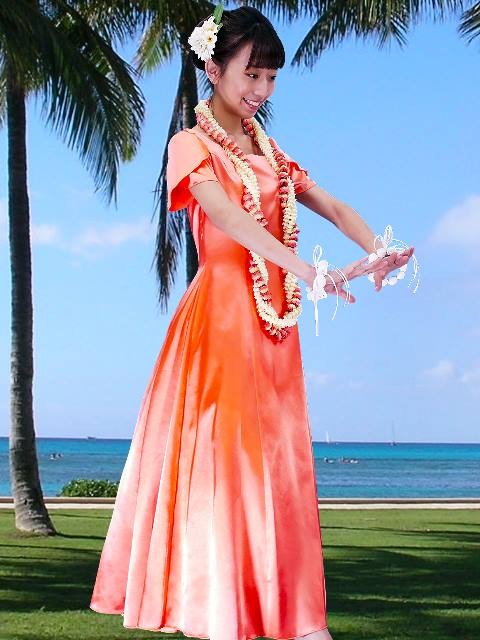 フラダンス ムームー チューリップ袖 ロング丈ドレス ライトオレンジ