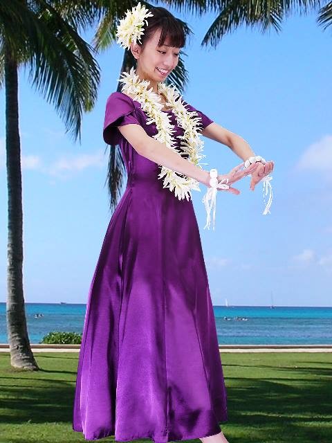 フラダンス ムームー チューリップ袖 ロング丈ドレス パープル Mサイズ