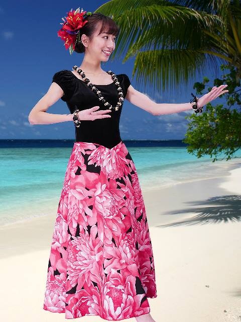 フラダンス ベロア×ハワイアンファブリックドレス レッド LLサイズ