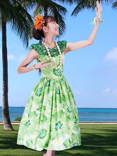 フラダンス ムームー フリル ミディ丈ドレス グリーン Fサイズ 2380grF