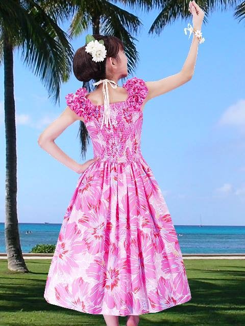 フラダンス ムームー フリル ミディ丈ドレス ピンク LLサイズ 2380piLL