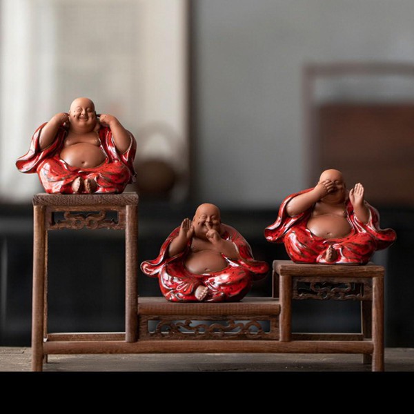 七福神の置物 布袋様 小型（言わない・聞かない・見ない）セット 陶器