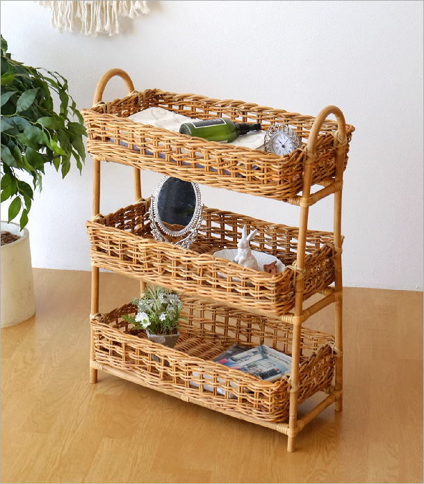 バスケット アラログ 3段 収納 おしゃれ ランドリーラック 天然素材