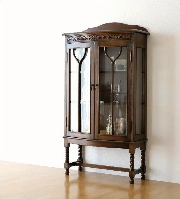 キャビネット ガラス扉 ガラスキャビネット アンティーク スリム 木製