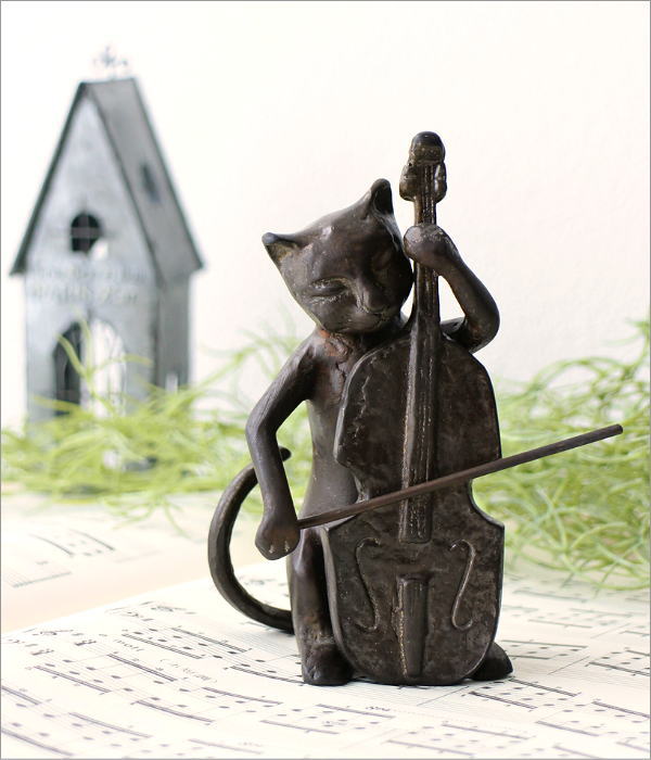 猫 置物 置き物 オブジェ チェロ 猫雑貨 真鍮 ブロンズ仕上げ レトロ
