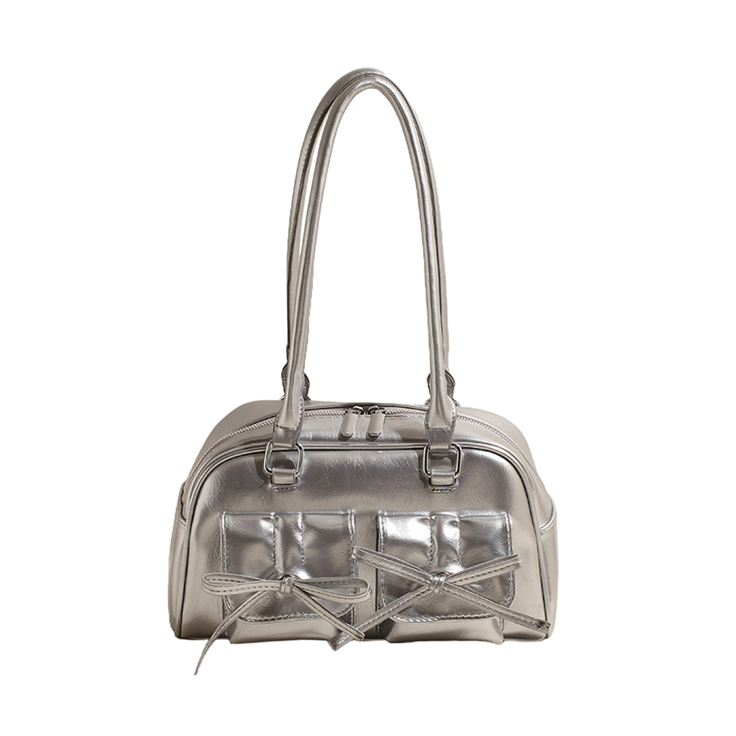 リボン付き エナメル ミニボストン ショルダー バッグ ツインポケット