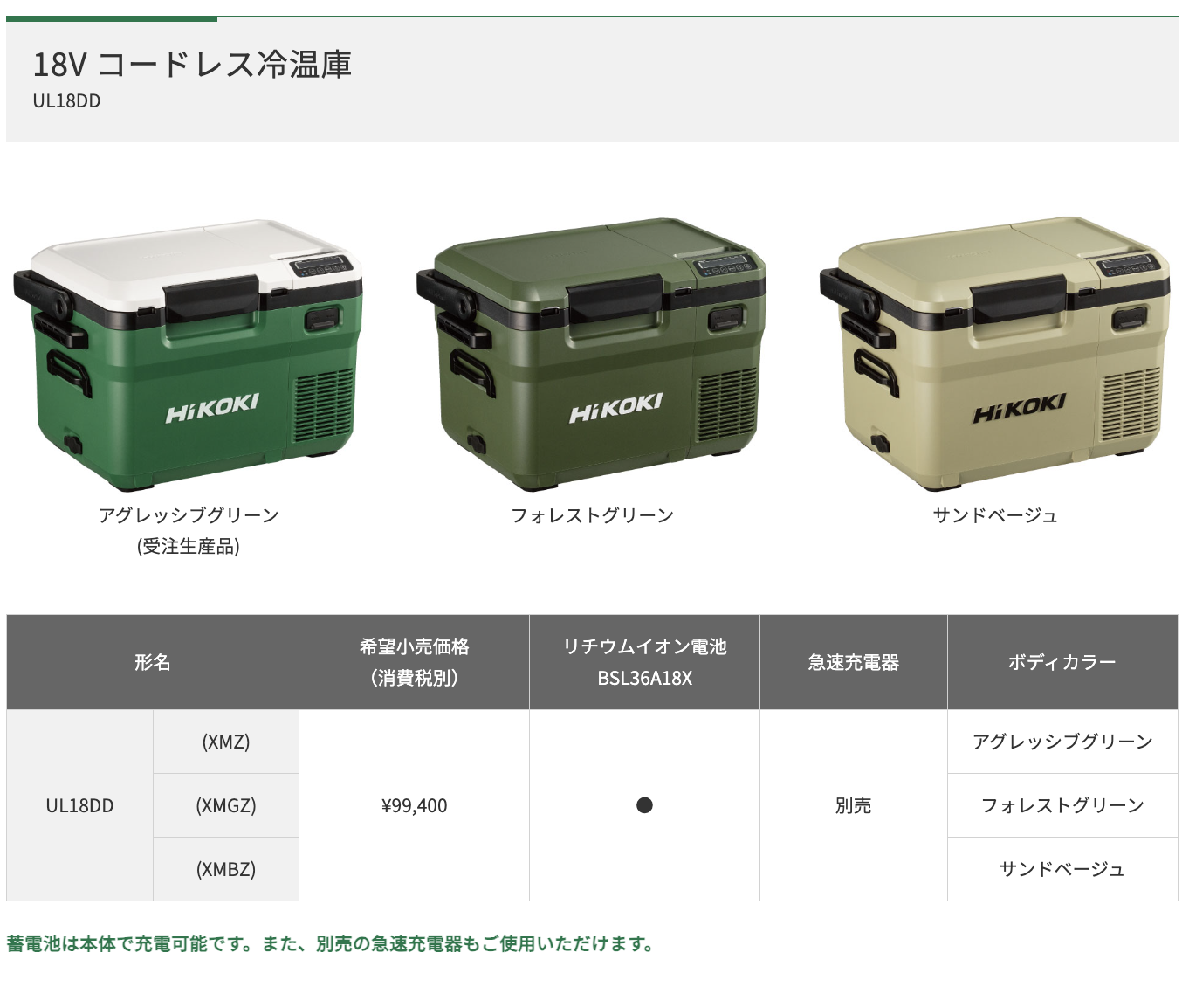 数量限定特価 ハイコーキ コードレス冷温庫 UL18DD(XMGZ) バッテリー