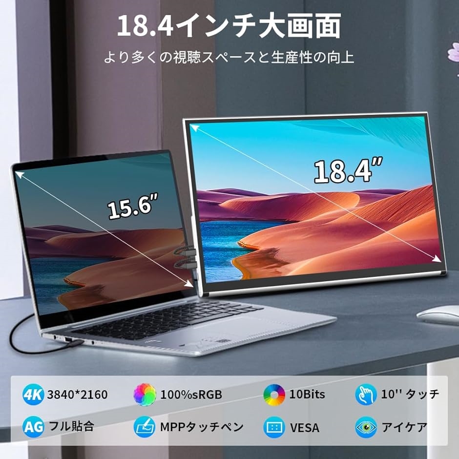 互換品】 モバイルモニター 4K 18.4インチ大画面 タッチパネル対応