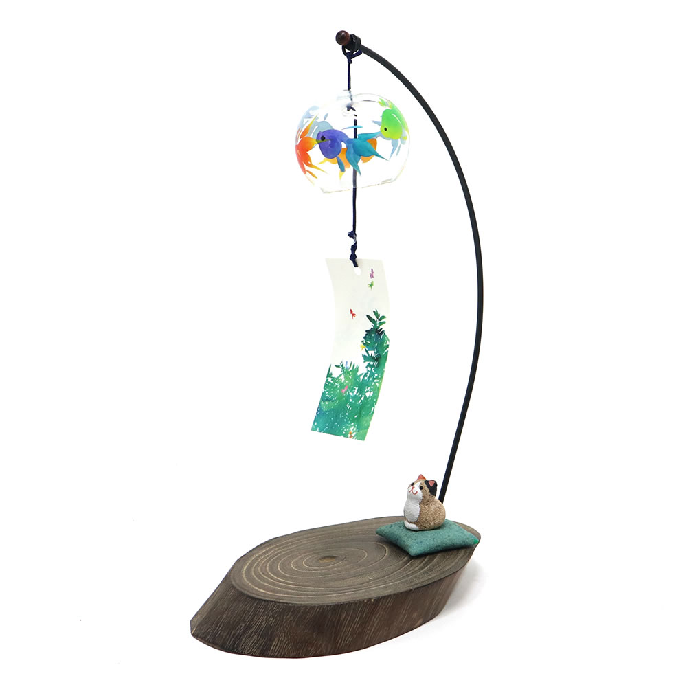 会津桐卓上風鈴（風鈴取付タイプ） いろいろ金魚と三毛猫 R-227 プチ