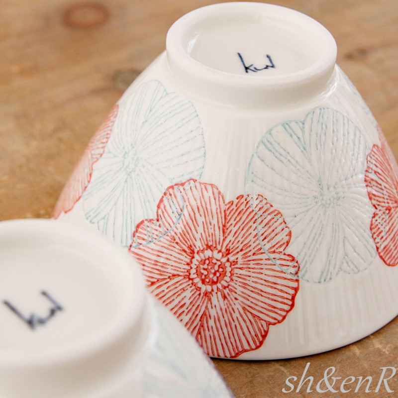 波佐見焼 茶碗 ペアセット 勲山窯 ポピー花紋 夫婦茶碗 お茶碗 ご飯