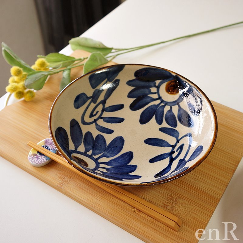 やちむん 皿 7寸皿 菊紋唐草ブルー チャンプルー皿 中城窯 大皿 カレー