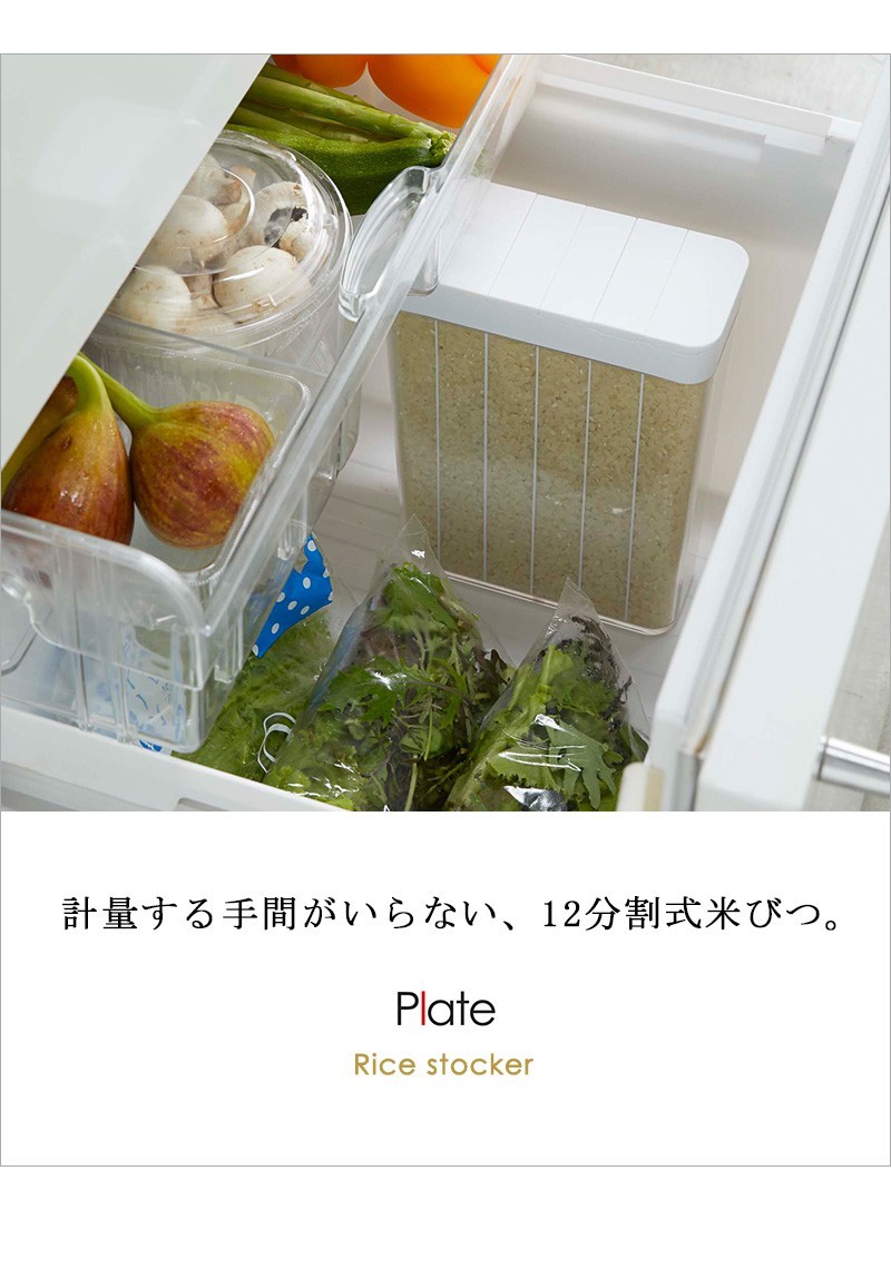 Plate(山崎実業) 米びつ 冷蔵庫用 スリム おしゃれ 分割 1.8kg 12合