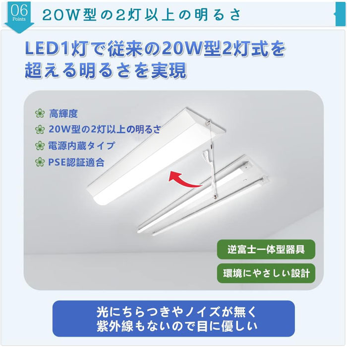 LED蛍光灯 ledベースライト 器具一体型 スイッチ付き 20W型 2灯相当 逆