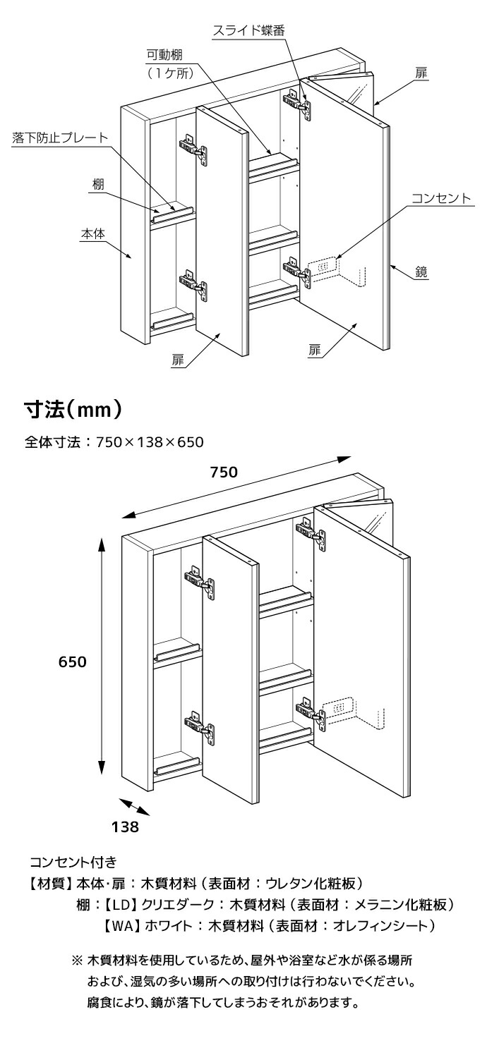 LIXIL（リクシル） ミラーキャビネット TSF-D124PR/○ 750×138×650