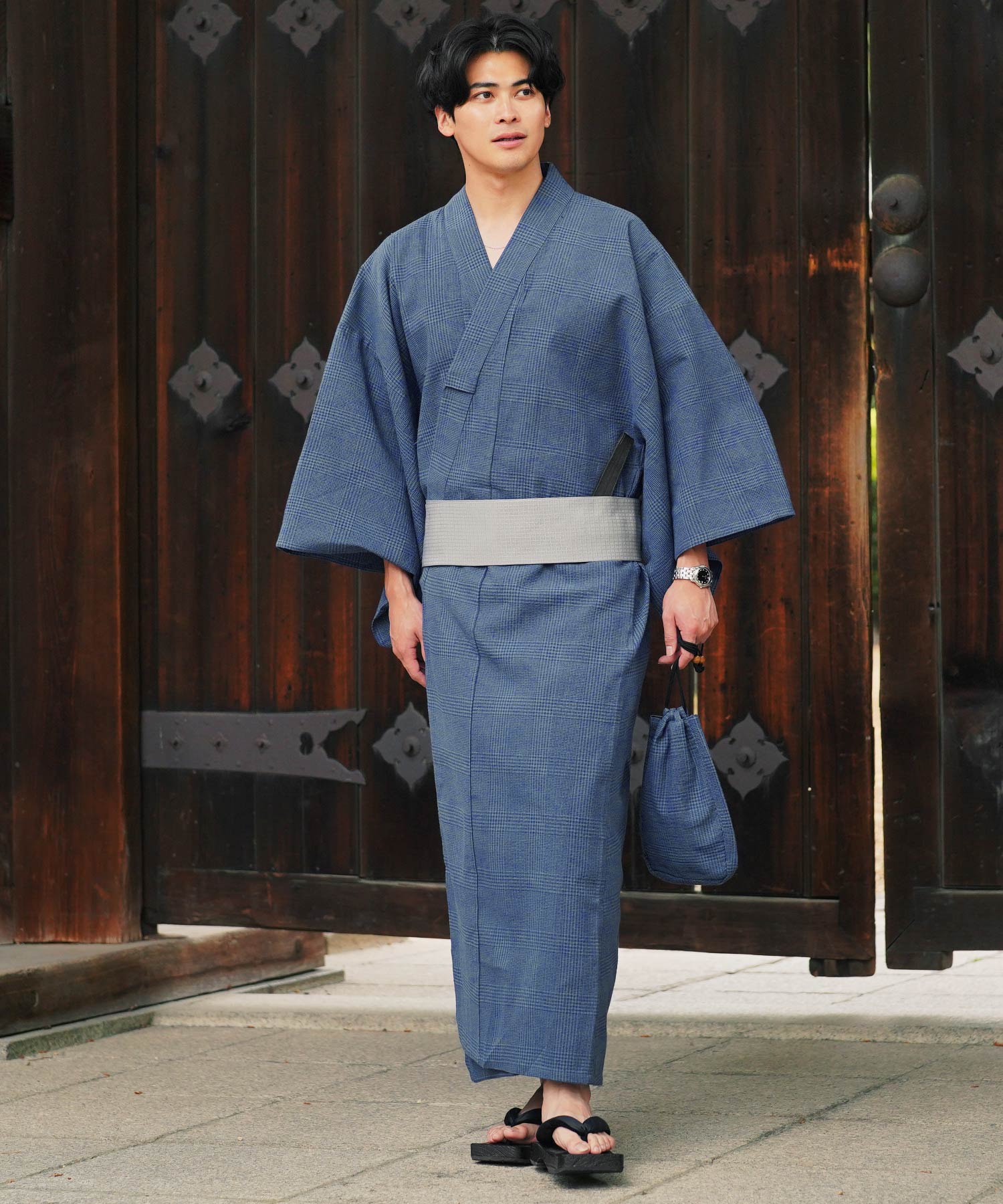 roshell（ロシェル） 浴衣 メンズ セット 6点 帯 下駄 信玄袋 扇子 し