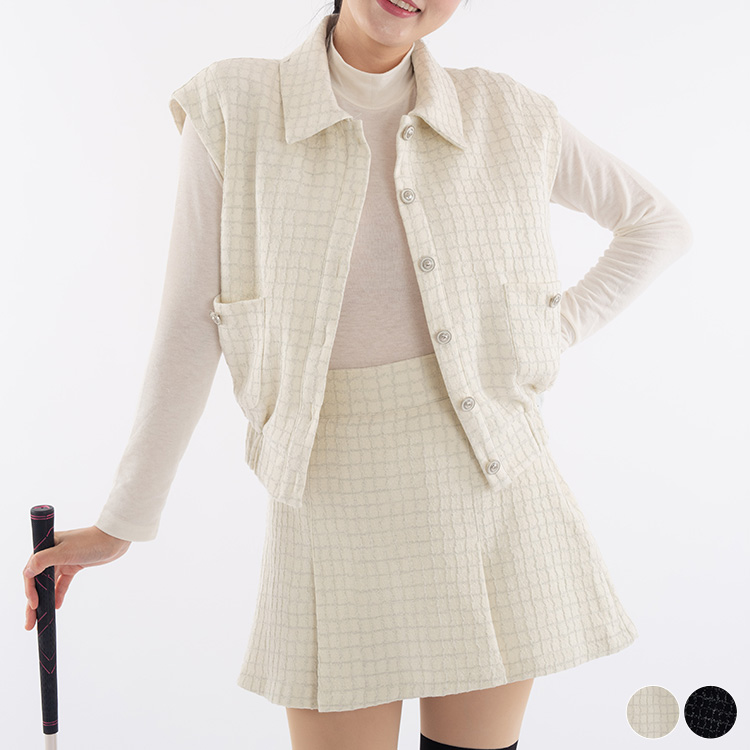 ゴルフウェア セットアップ レディース 韓国 ベスト スカート ラメ 柄