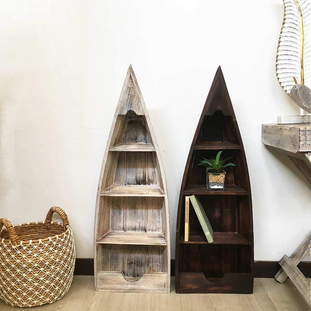 ボート型 船型 ラック 棚 4段 H100cm 木製 ブラウン 白 飾り棚 バリ