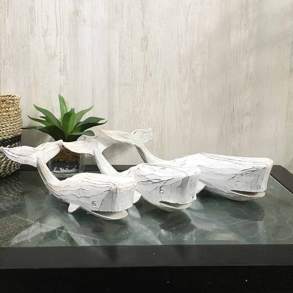 くじらのオブジェ 3体1セット 白鯨 木製 クジラの置物 鯨 白 ホワイト