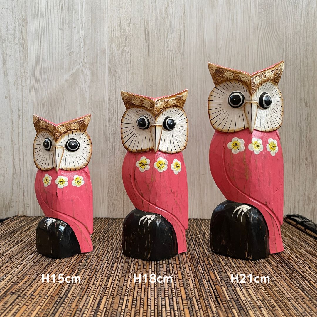 木彫り フクロウ3体セット インテリア 置き物 木製オブジェ アジアン