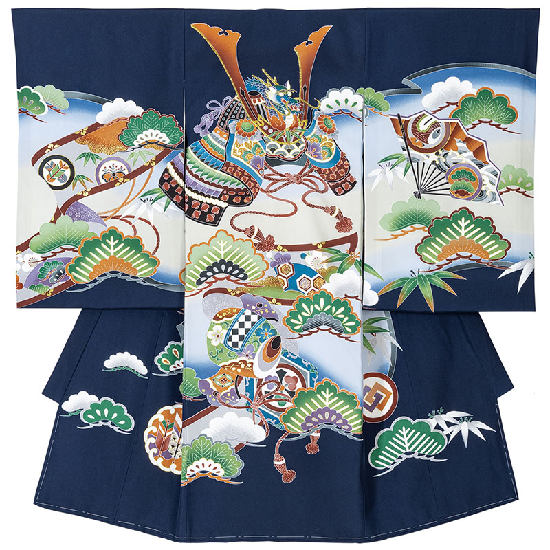 産着 お宮参り 着物 初着 正絹 黒 紺 兜 鷹 のし 熨斗 束のし 扇面 松