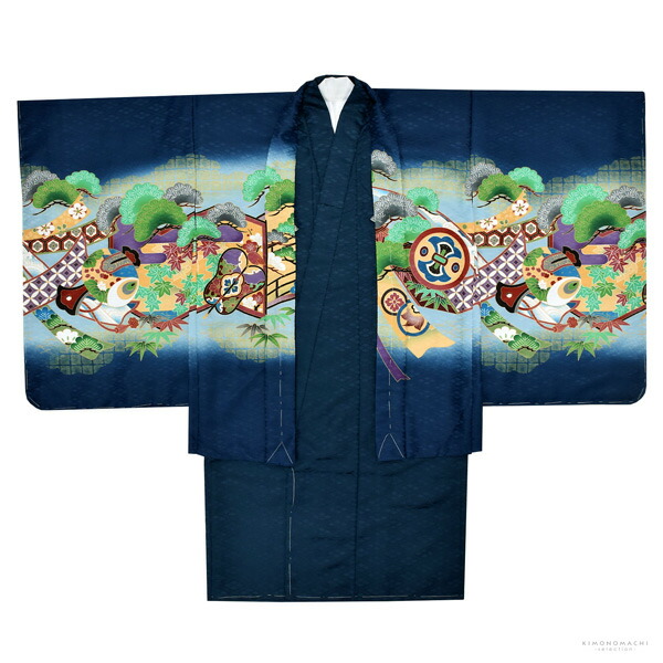 七五三 着物 男の子 5歳 羽織袴セット「紺 鷹、蔓帯」フルセット 5歳