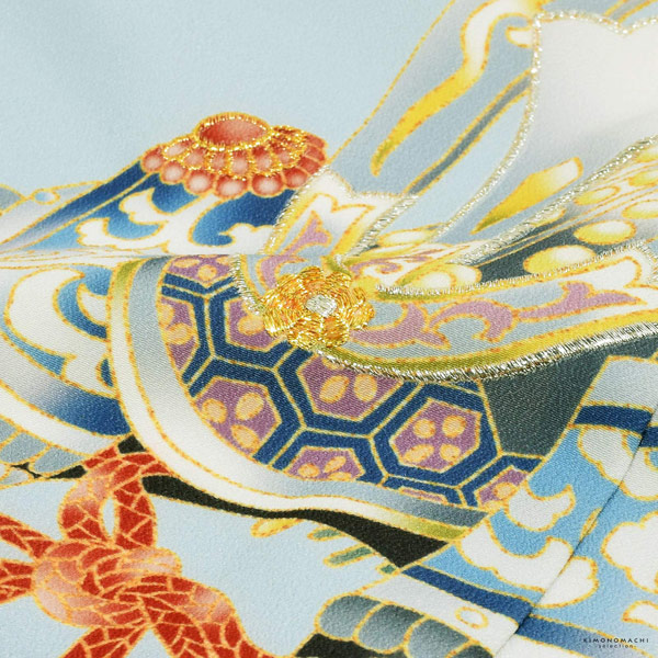 七五三 着物 男の子 5歳 羽織袴セット「水色 兜に波、笹」フルセット 5