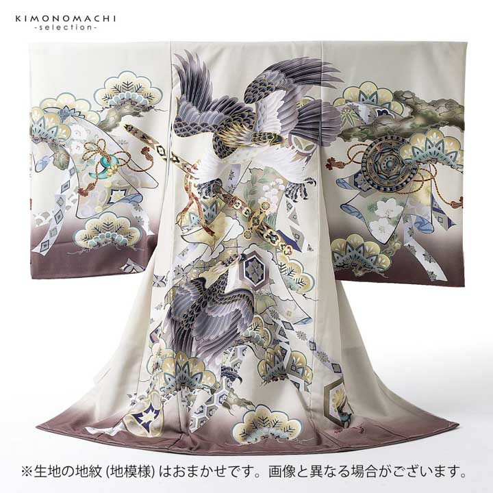 男の子のお宮参り産着 祝い着「クリーム色 三種の神器に鷹」日本製