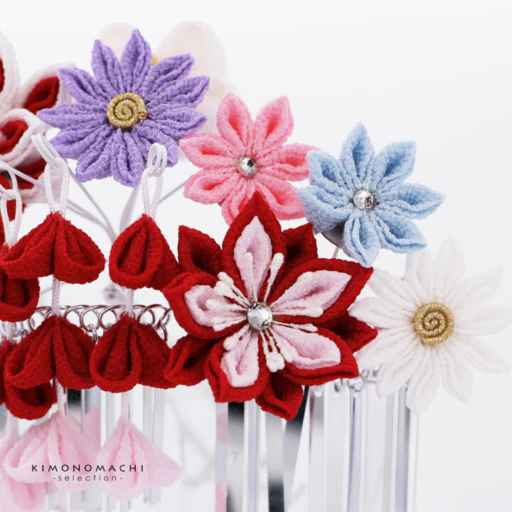 七五三 髪飾り 勝山かんざし 3点セット「紅白ピンク縮緬 剣つまみの