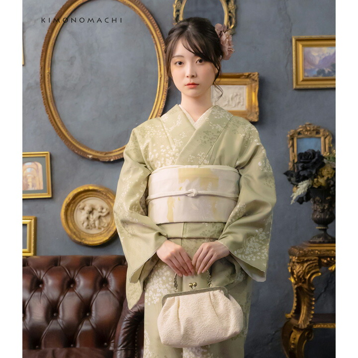 KIMONOMACHI 洗える着物 セット「袷着物：かすみ草に青海波灰黄緑＋京