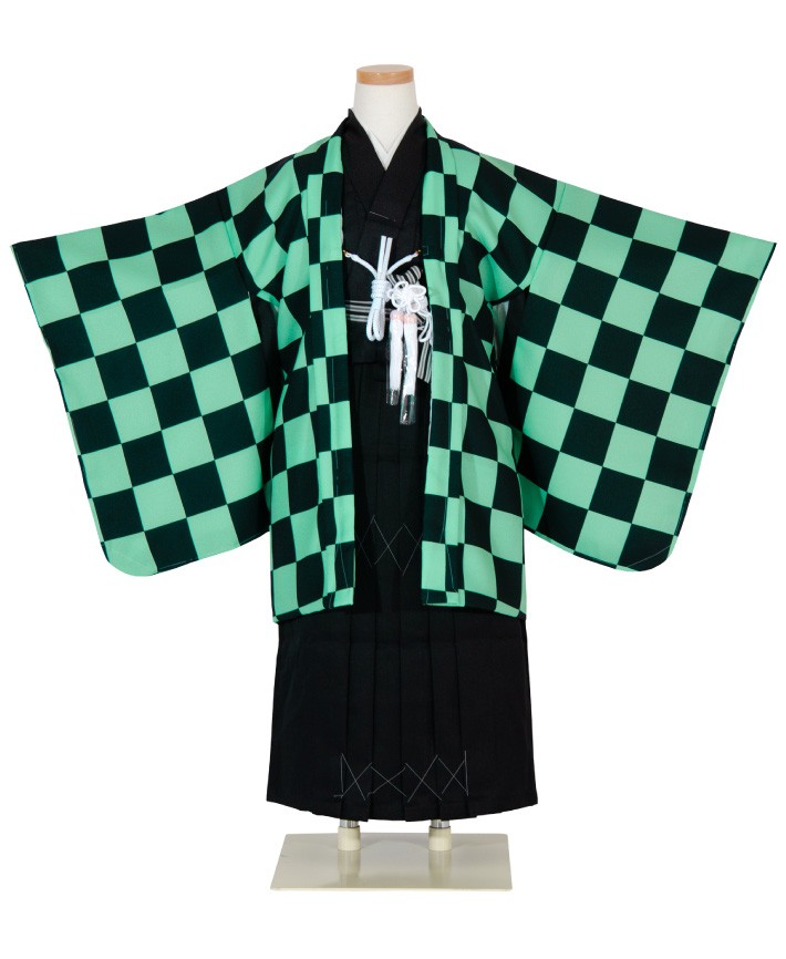 七五三 着物 男の子 五歳 羽織袴セット 市松模様 緑 黒 アニメ 753 五
