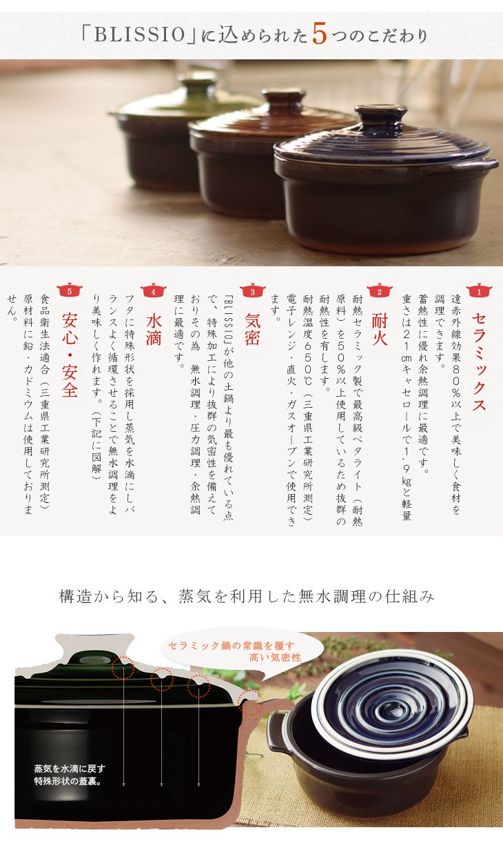 土鍋 国産 BLISSIO（ブリシオ） キャセロール 無水調理鍋 銀峯 21 ガス