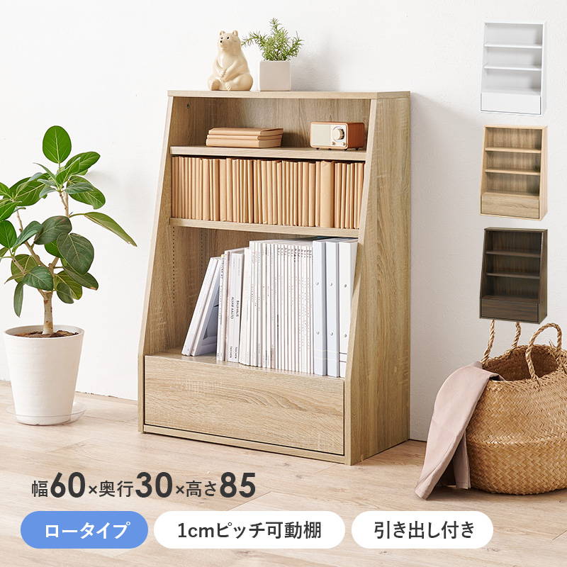 HAGiHARA（萩原） 本棚 ブックラック 引き出し付き 収納棚 ロータイプ