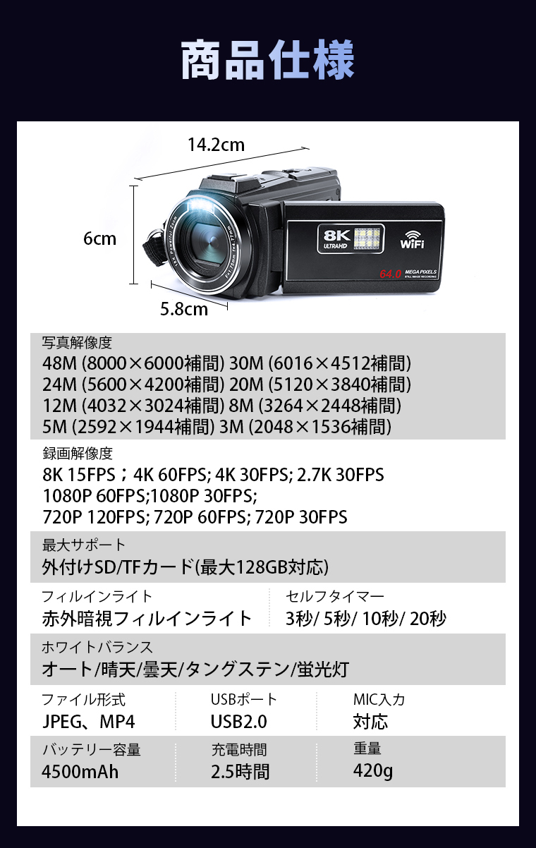 20%OFFクーポン／ ビデオカメラ 8K 6400万画素 18倍ズーム 外付け