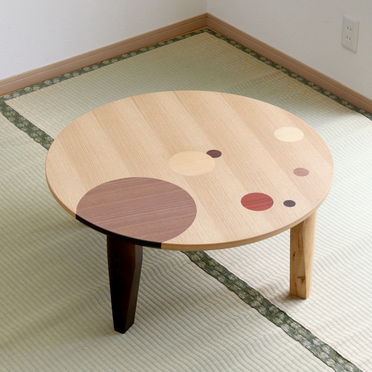 ローテーブル 折りたたみ 円型 直径75cm アース （ ナラ 象嵌入り 突板