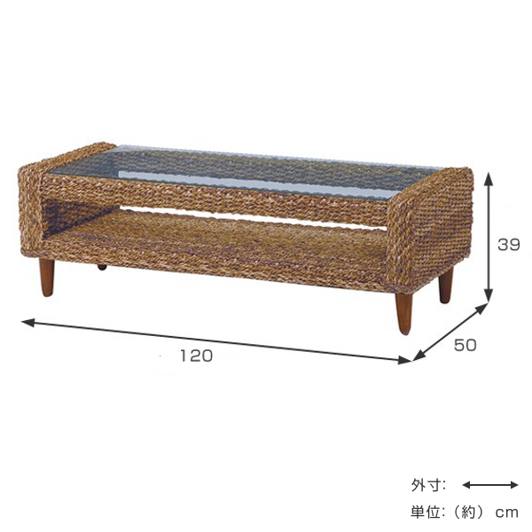 ローテーブル 幅120cm ガラス天板 アバカ素材 完成品 グランツ