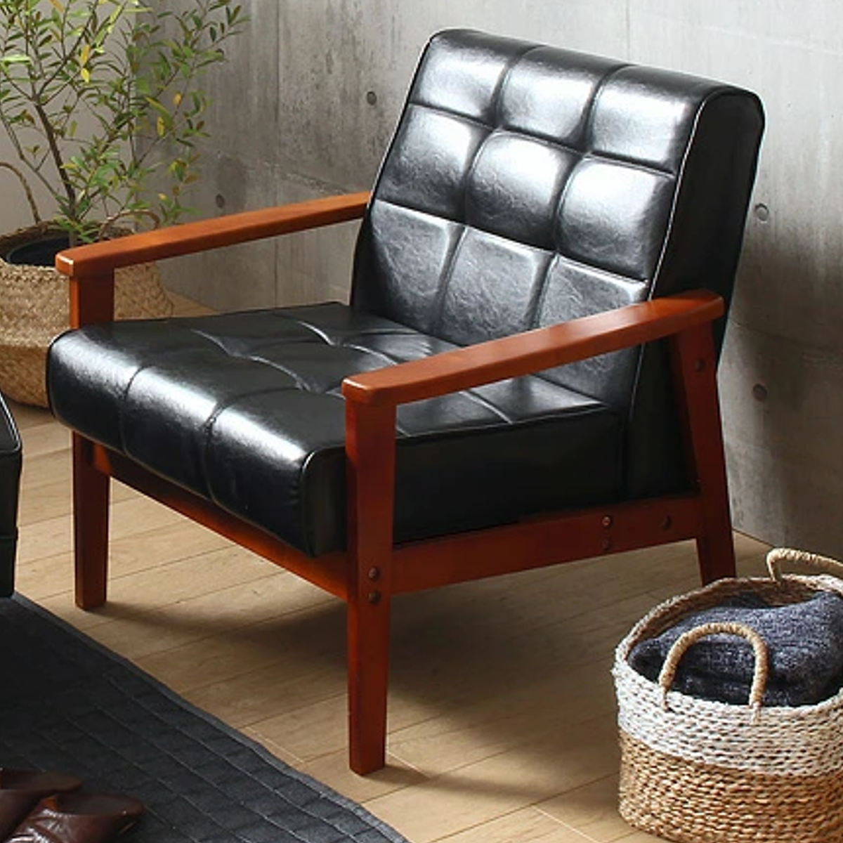 岩附 ソファ 椅子 レトロモダン調 木製フレーム 一人掛け用 合皮製