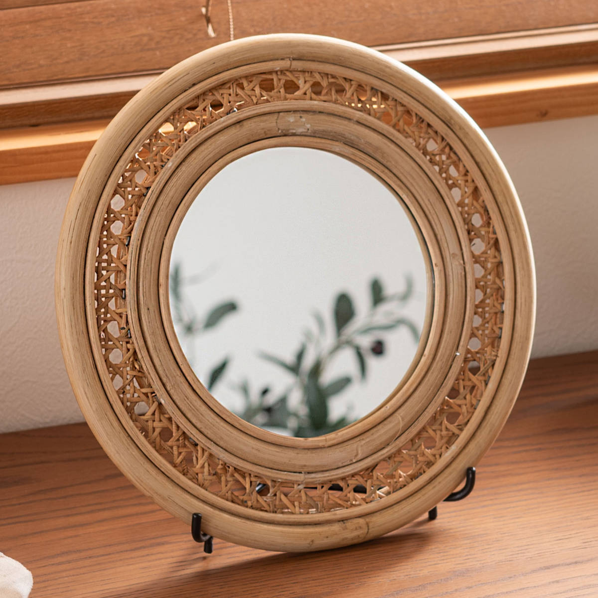 東谷 ウォールミラー ラタン スタンド付 27×24cm （ ミラー 壁掛け
