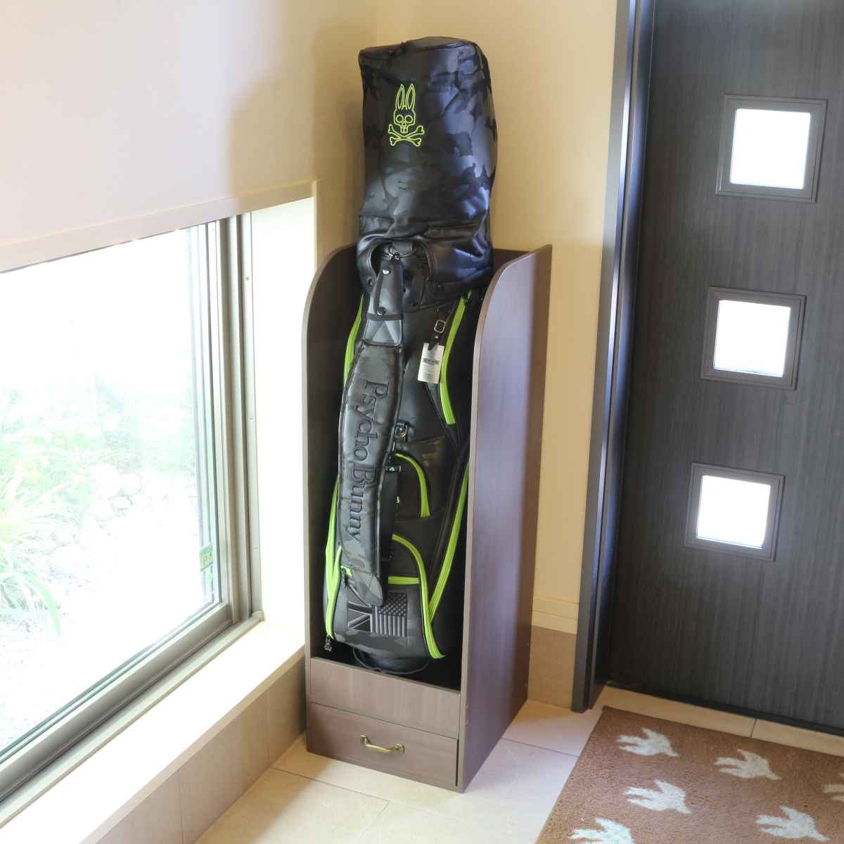 OSMAC ゴルフバッグスタンド 木製 引出し付 約幅35cm （ ゴルフバッグ