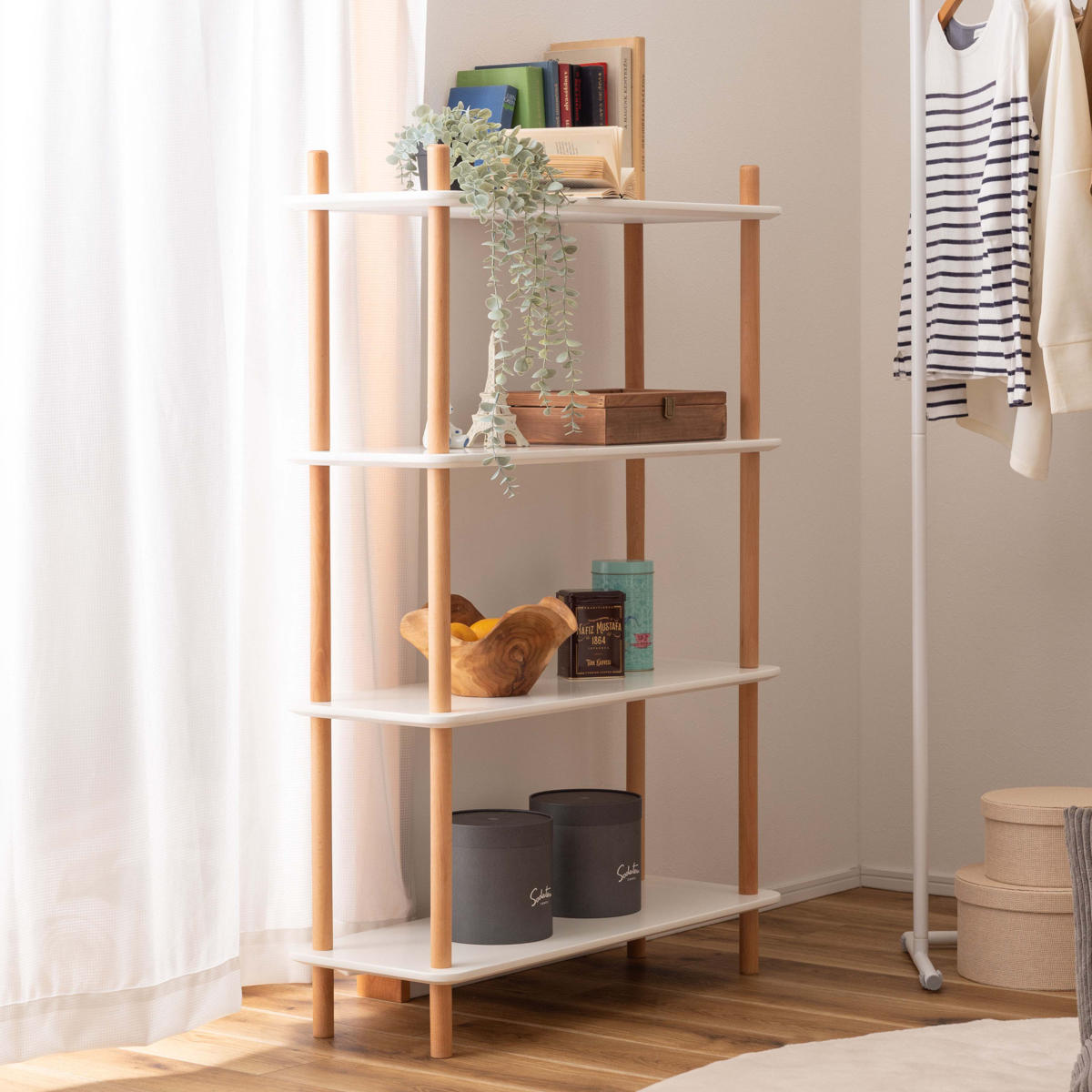 東谷 オープンラック 4段 簡単組立て 天然木フレーム 幅80cm （ ラック