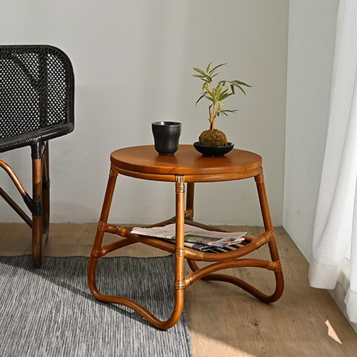 サイドテーブル ラタン 直径45cm ラウンド 天然木 WAHOO （ ラタン