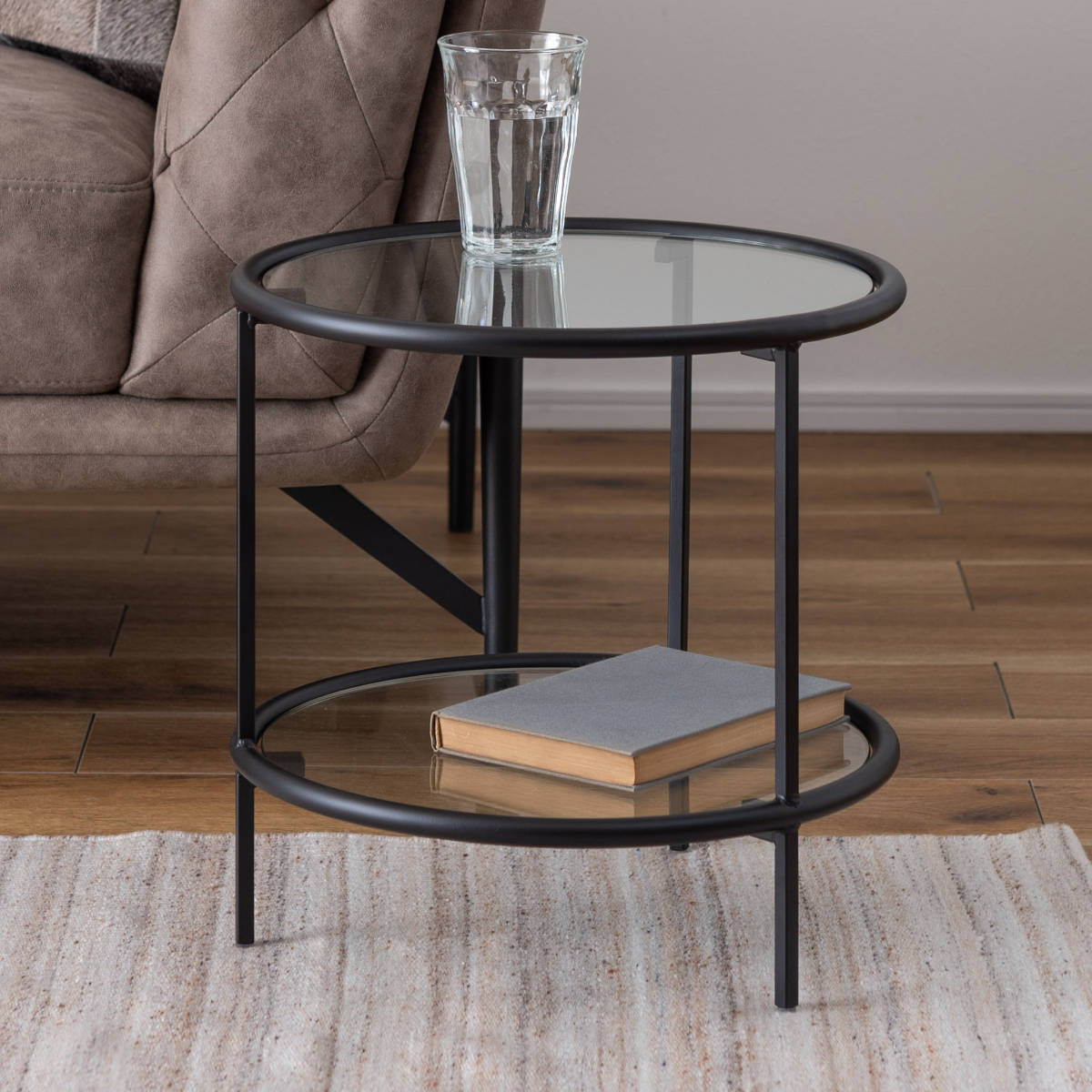 東谷 サイドテーブル 円型 高さ38.5cm 2段 ラウンドガラステーブル2D