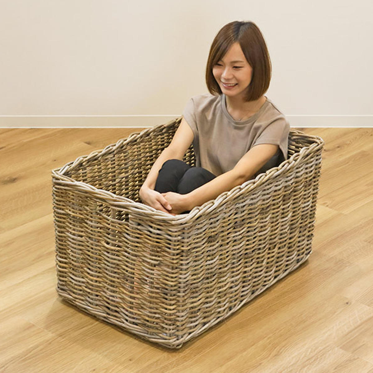 バスケット ラタン 幅86×奥行56×高さ46 持ち手付き かご 大きい