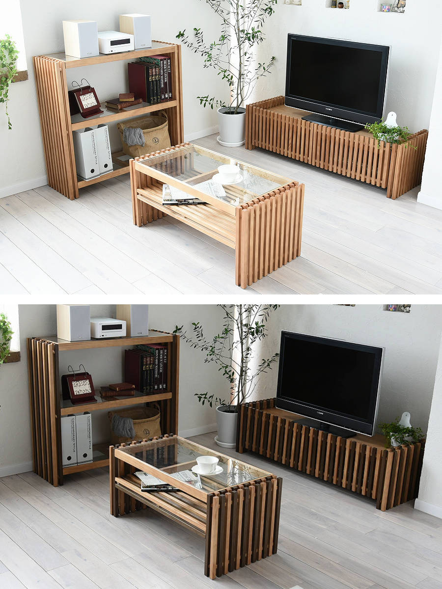 オープンラック 幅90cm 3段 ガラス天板 格子 天然木 FOREST