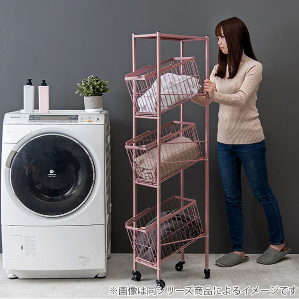 ランドリーワゴン 3段 ワイド 幅38cm 棚付きバスケット ランドリー