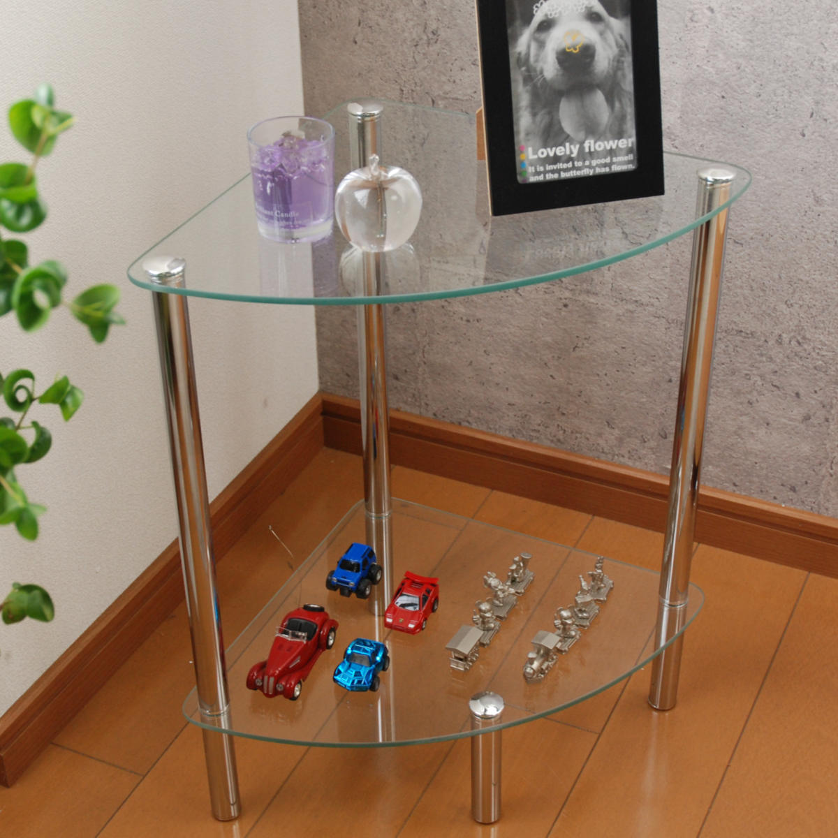 ミヤグチ企販 ガラスラック 2段 幅30cm コーナー型 スチール脚